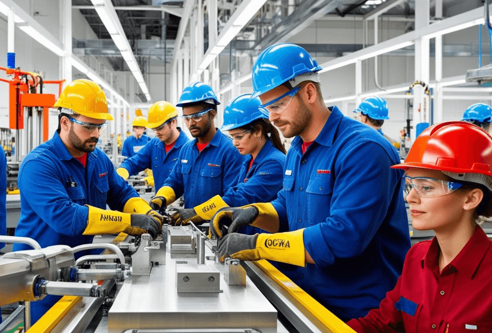 A modern manufacturing facility with workers in OSHA-compliant safety gear, operating efficiently with automated machinery and clear safety signage.