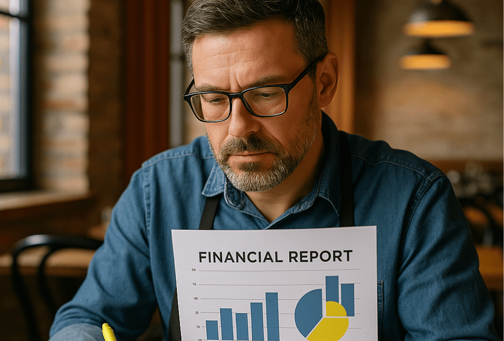 Restaurant owner analyzing a cost analysis report to identify potential cost reduction.