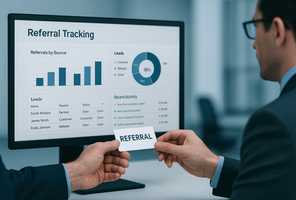 CRM dashboard displaying referral tracking data with business professionals exchanging referral information.